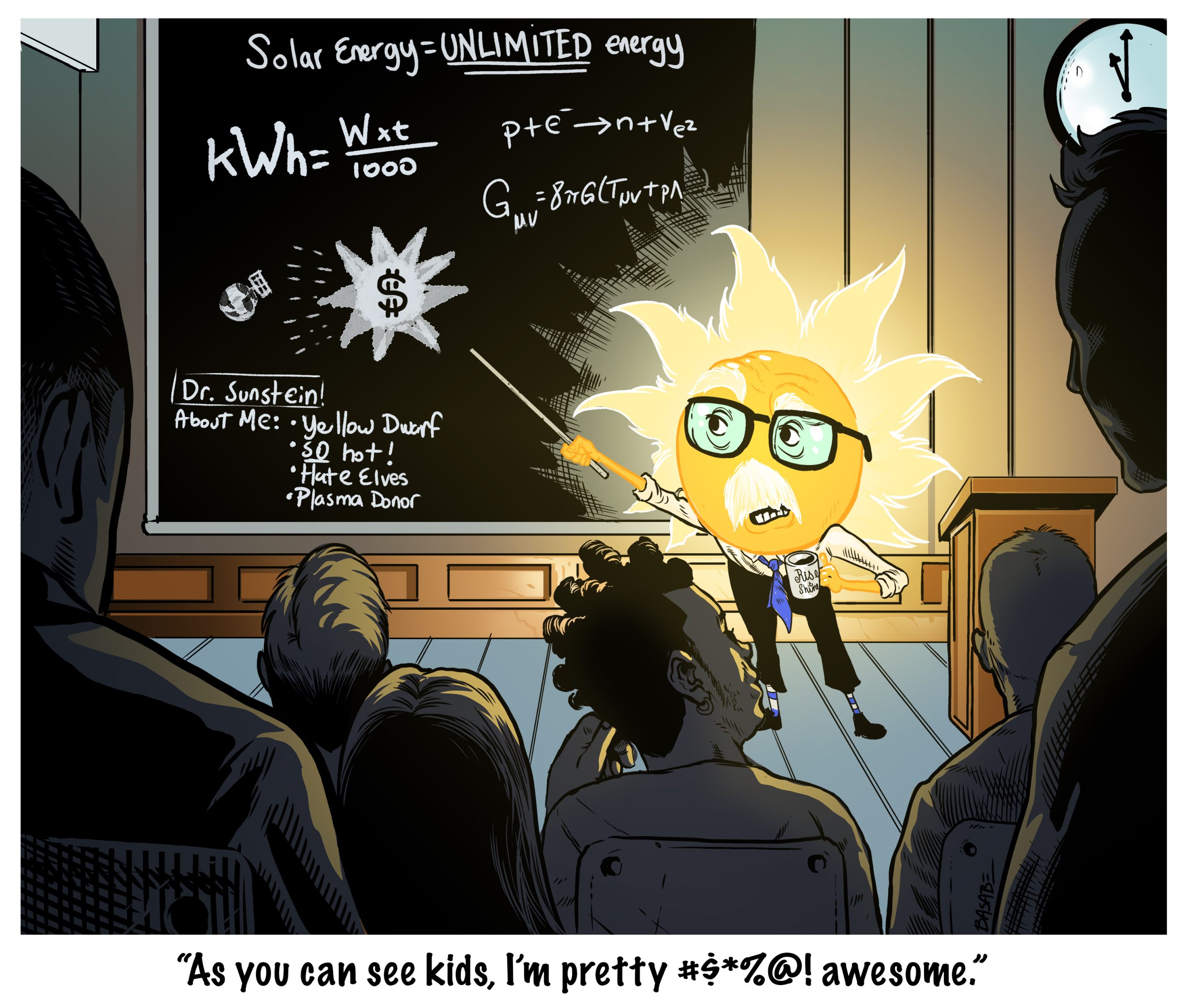 Cartoon showing the sun at a chalkboard teaching a classroom full of students