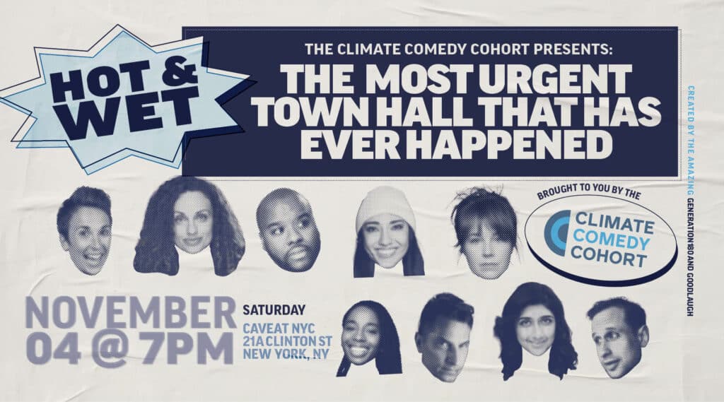 Poster with headshots of climate comedians