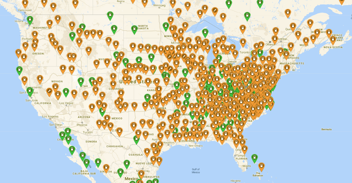Plugshare screenshot showing EV charging stations across the U.S.