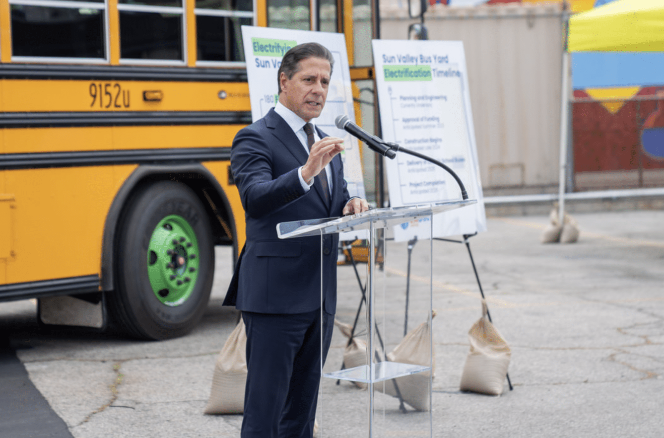 LAUSD Superintendent Carvalho announcing electrification plan at Sun Valley Bus Depot
