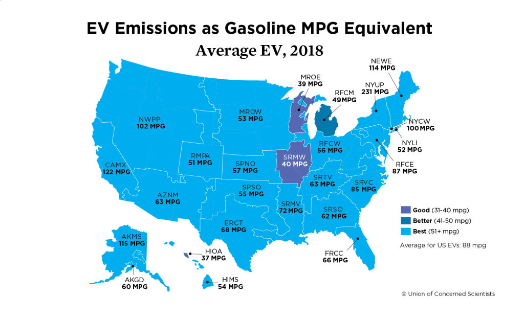 Map of U.S. showing EV emissions as gasoline mpg equivalent